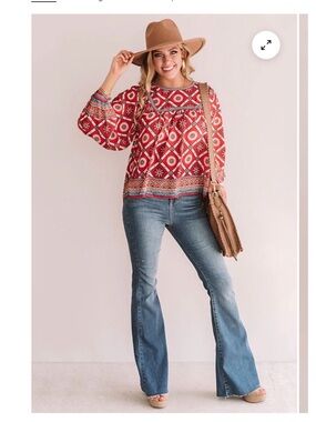 Avara Red Bohemian Printed Peasant Blouse Size XL